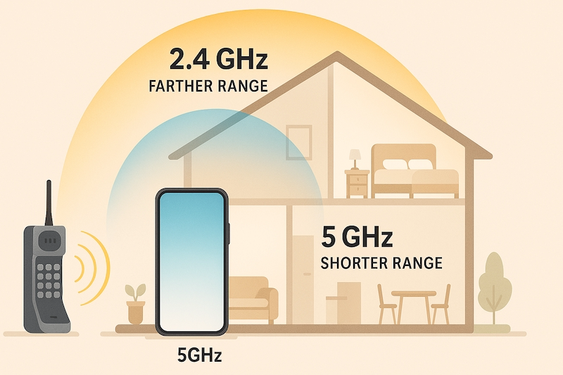 Illustration showing difference in range between 2.4 GHz and 5 GHz WiFi