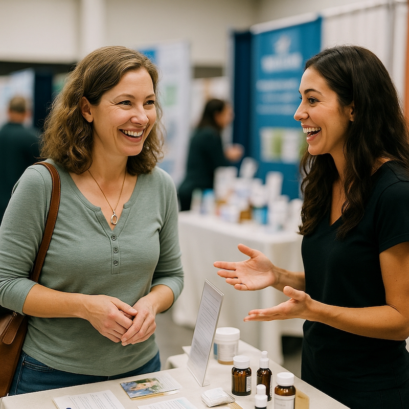Woman engaging with vendor at wellness expo