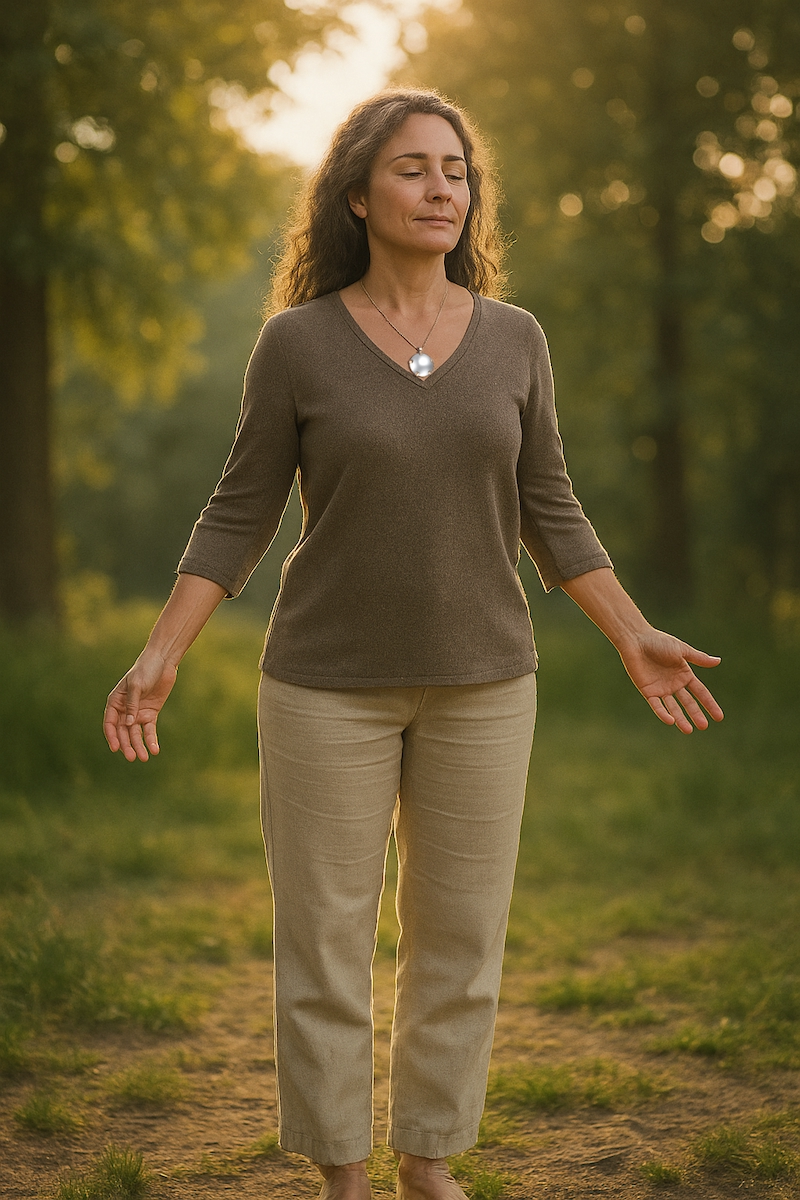 Woman grounded and open in nature, basking in sunlight