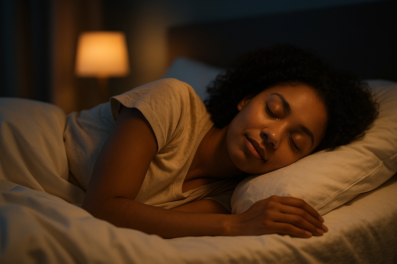Woman sleeping peacefully in a dark bedroom