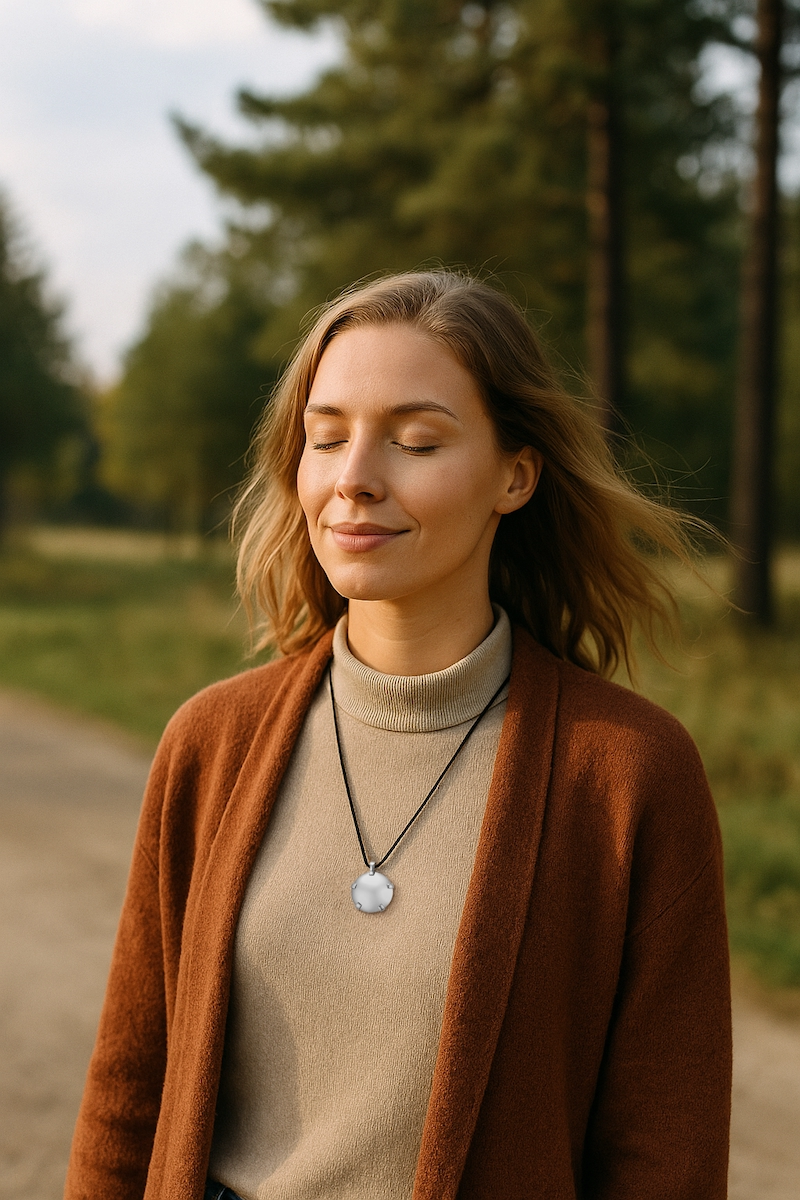 Woman outdoors wearing EMF pendant looking peaceful